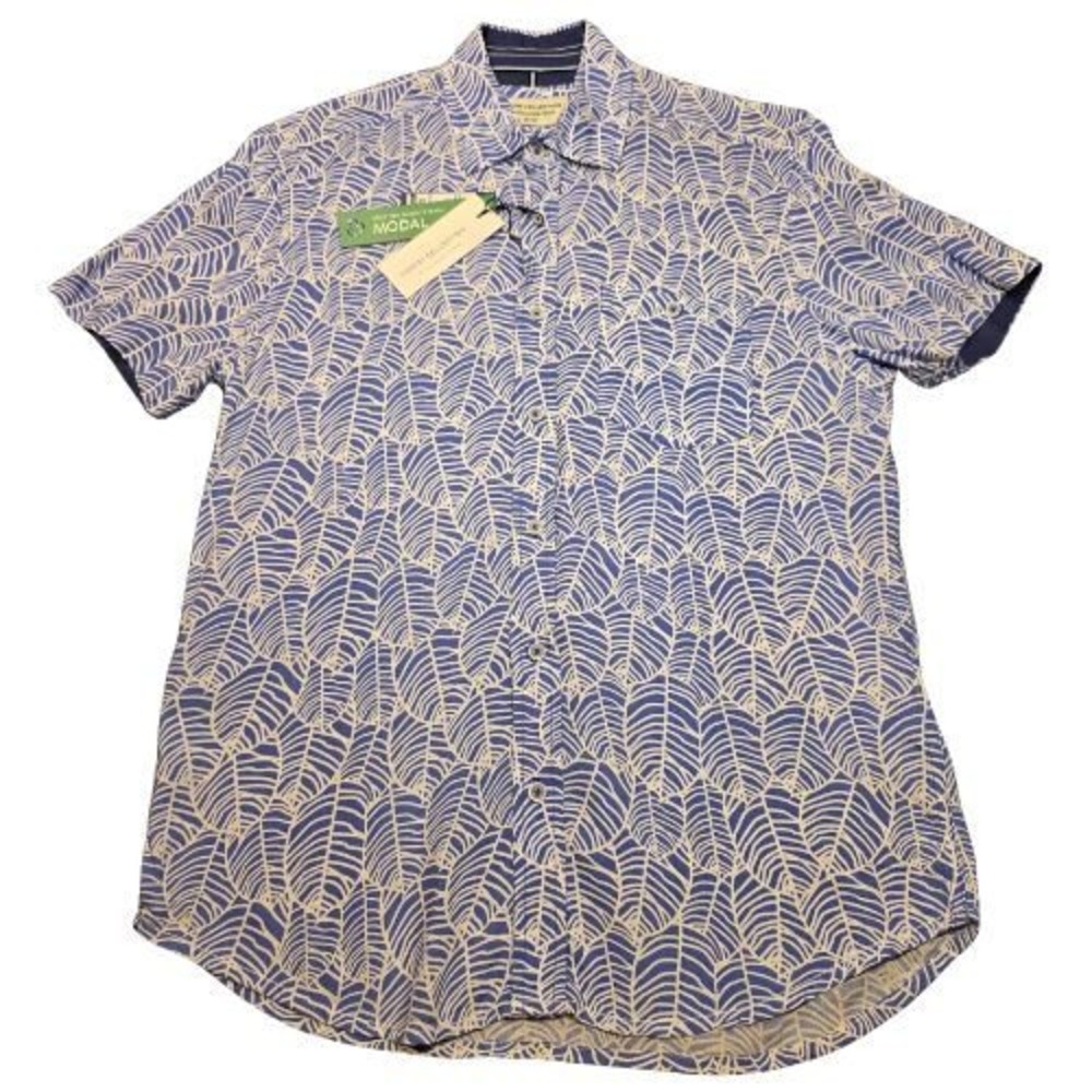 Report Collection Mens Blue White Print Short Sleeve Button Shirt M Grandpacore